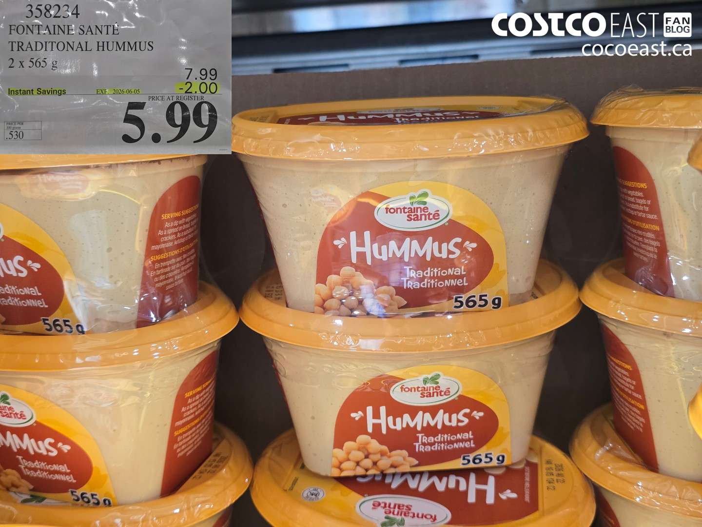 358234 FONTAINE SANTÉ TRADITIONAL HUMMUS 2 X 565 G ($2.00 INSTANT SAVINGS EXPIRES ON 2026-06-05) $5.99