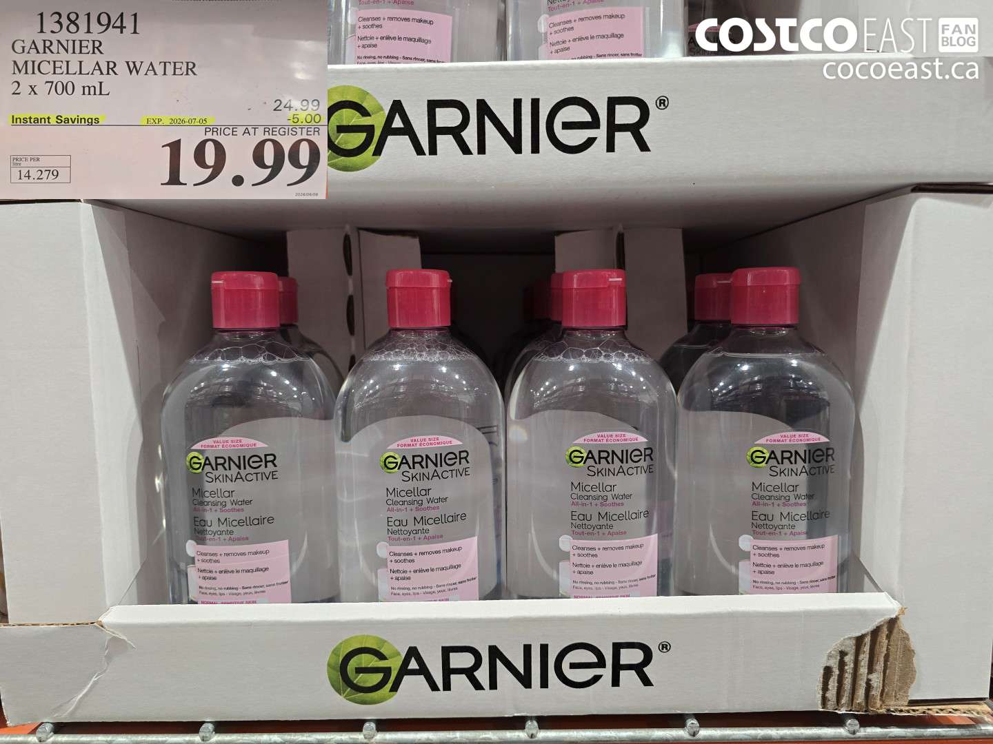 1381941 GARNIER MICELLAR WATER 2 X 700 ML ($5.00 INSTANT SAVINGS EXPIRES ON 2026-07-05) $19.99