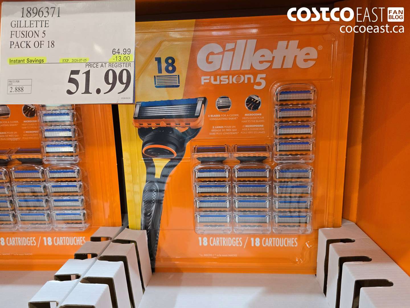1896371 GILLETTE FUSION 5 PACK OF 18 ($13.00 INSTANT SAVINGS EXPIRES ON 2026-07-05) $51.99