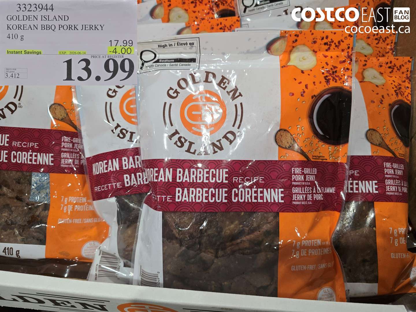 3323944 GOLDEN ISLAND KOREAN BBQ PORK JERKY 410 G ($4.00 INSTANT SAVINGS EXPIRES ON 2026-06-14) $13.99
