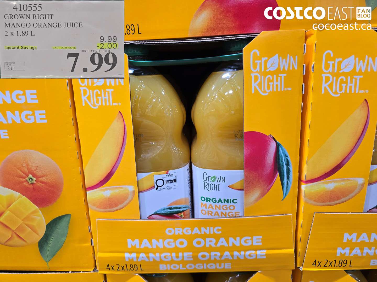 410555 GROWN RIGHT MANGO ORANGE JUICE 2 X 1.89 L ($2.00 INSTANT SAVINGS EXPIRES ON 2026-06-28) $7.99