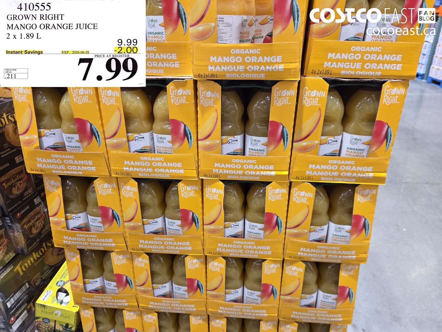 410555 GROWN RIGHT MANGO ORANGE JUICE 2 X 1.89 L ($2.00 INSTANT SAVINGS EXPIRES ON 2026-06-28) $7.99