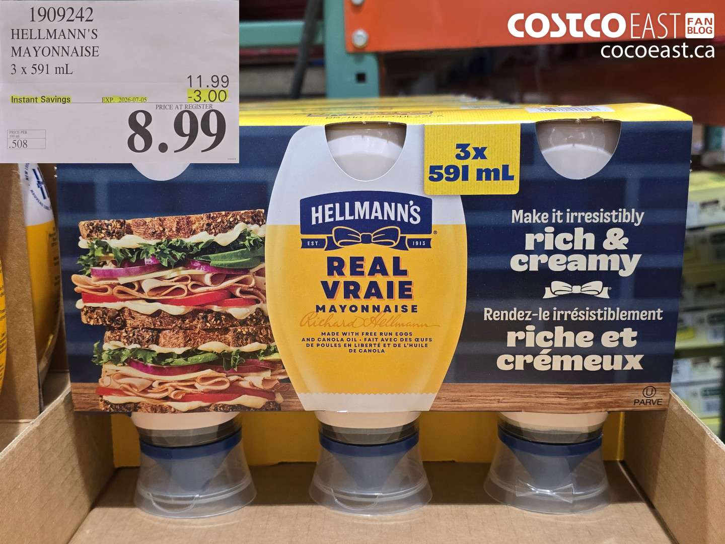 1909242 HELLMANN'S MAYONNAISE 3 X 591 ML ($3.00 INSTANT SAVINGS EXPIRES ON 2026-07-05) $8.99