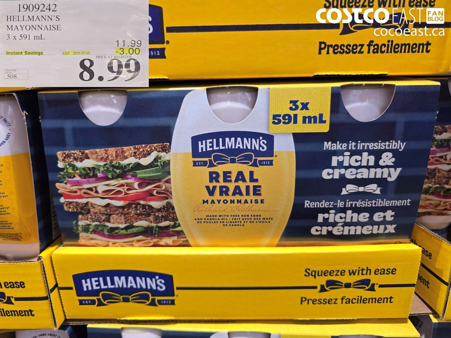 1909242 HELLMANN'S MAYONNAISE 3 X 591 ML ($3.00 INSTANT SAVINGS EXPIRES ON 2026-07-05) $8.99
