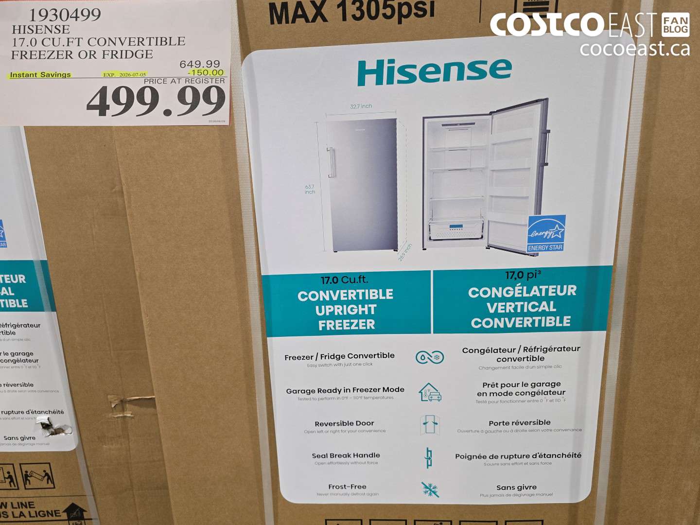 1930499 HISENSE 17.0 CU.FT CONVERTIBLE FREEZER OR FRIDGE ($150.00 INSTANT SAVINGS EXPIRES ON 2026-07-05) $499.99