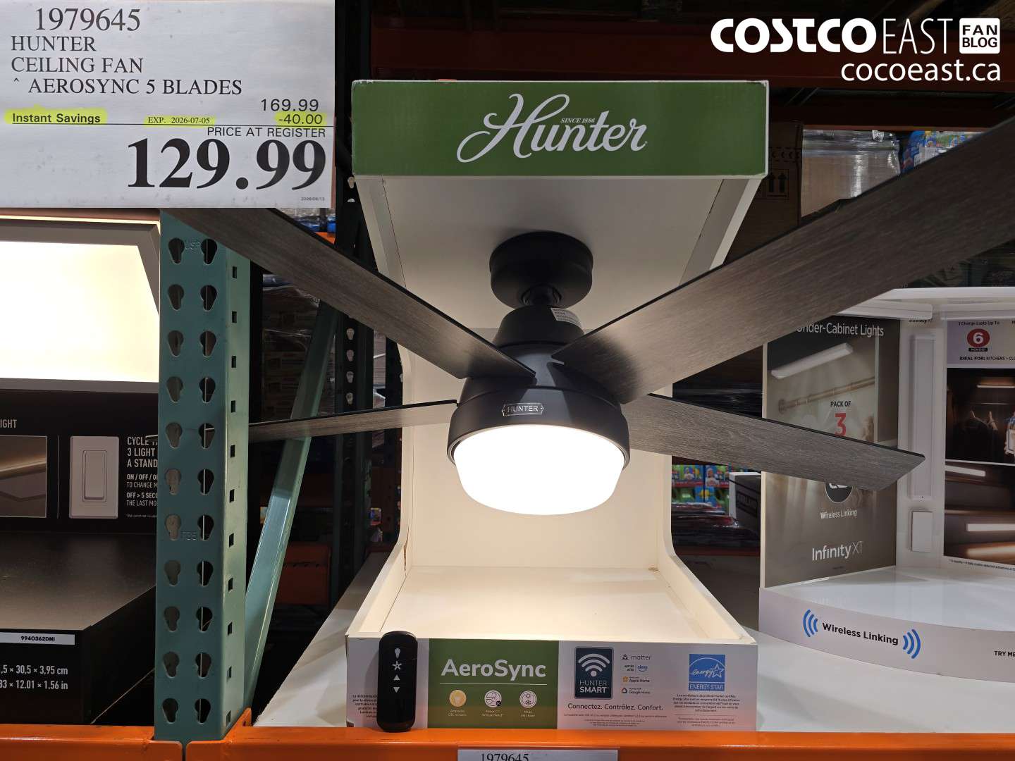 1979645 HUNTER CEILING FAN AEROSYNC 5 BLADES ($40.00 INSTANT SAVINGS EXPIRES ON 2026-07-05) $129.99
