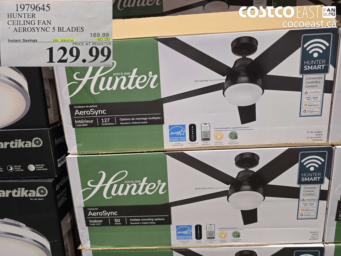 1979645 HUNTER CEILING FAN AEROSYNC 5 BLADES ($40.00 INSTANT SAVINGS EXPIRES ON 2026-07-05) $129.99