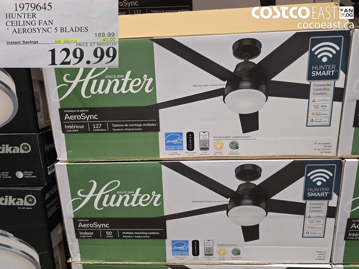 1979645 HUNTER CEILING FAN AEROSYNC 5 BLADES ($40.00 INSTANT SAVINGS EXPIRES ON 2026-07-05) $129.99