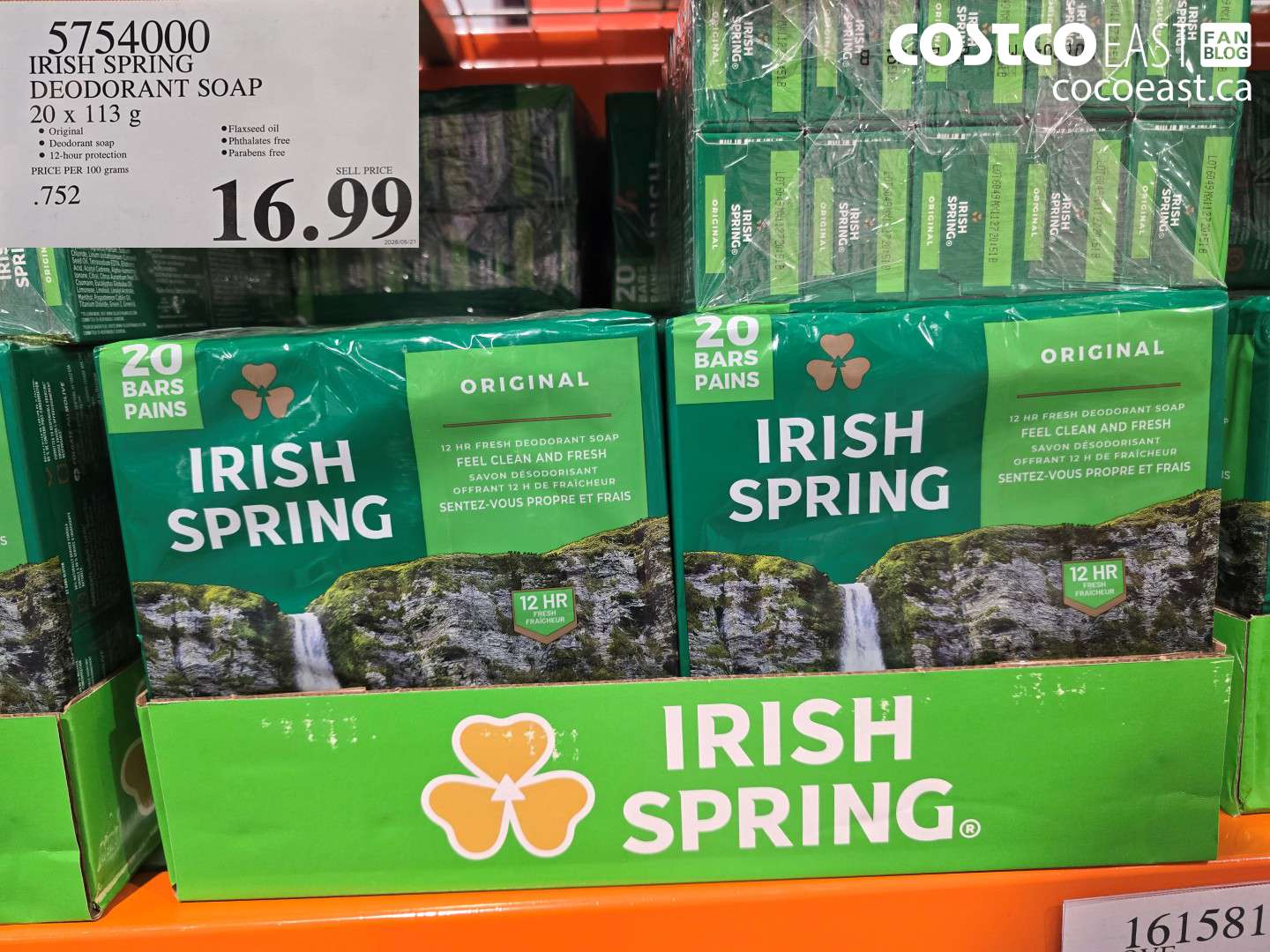 5754000 IRISH SPRING DEODORANT SOAP 20 X 113 G $16.99