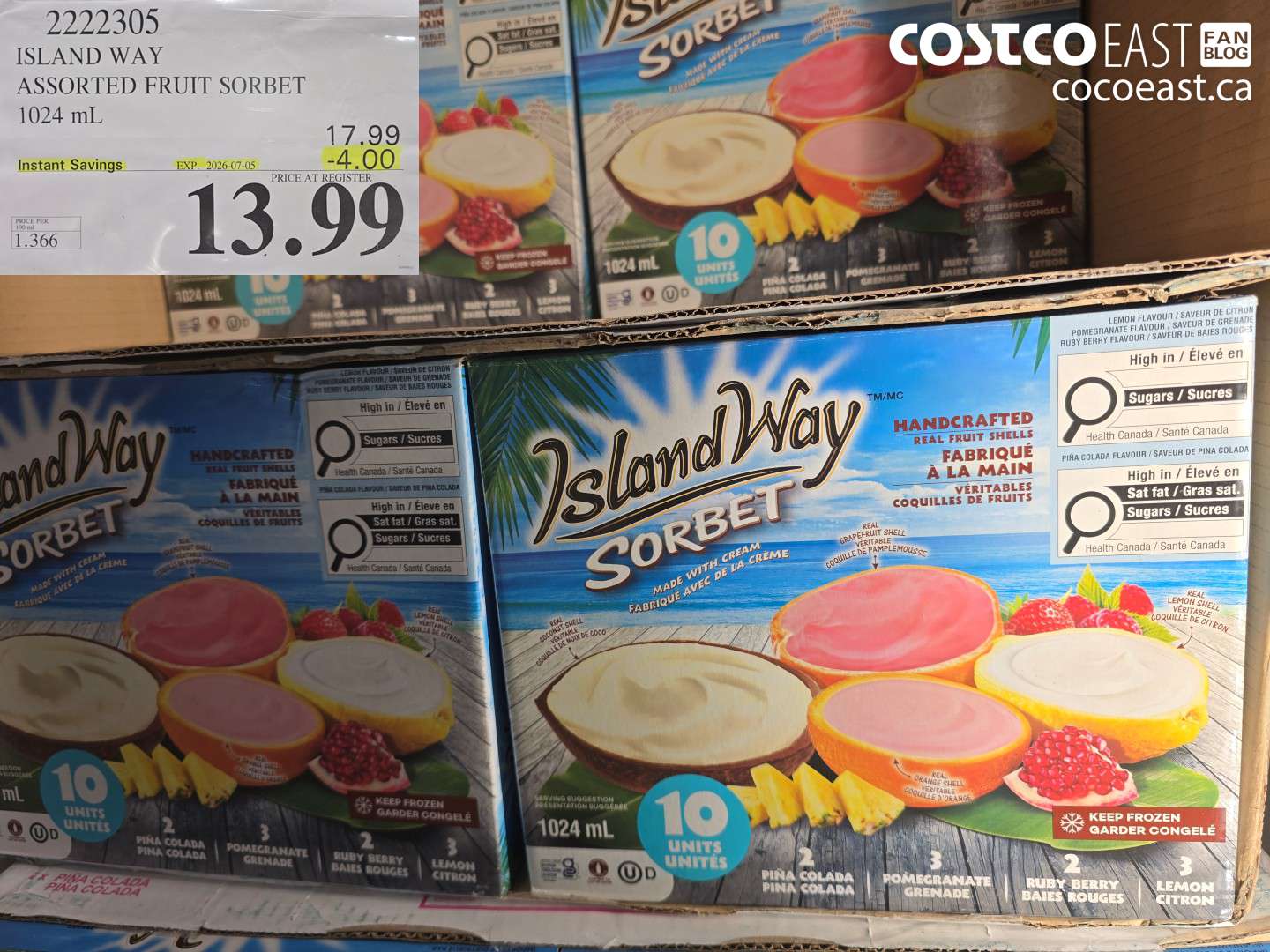 2222305 ISLAND WAY ASSORTED FRUIT SORBET 1024 ML ($4.00 INSTANT SAVINGS EXPIRES ON 2026-07-05) $13.99