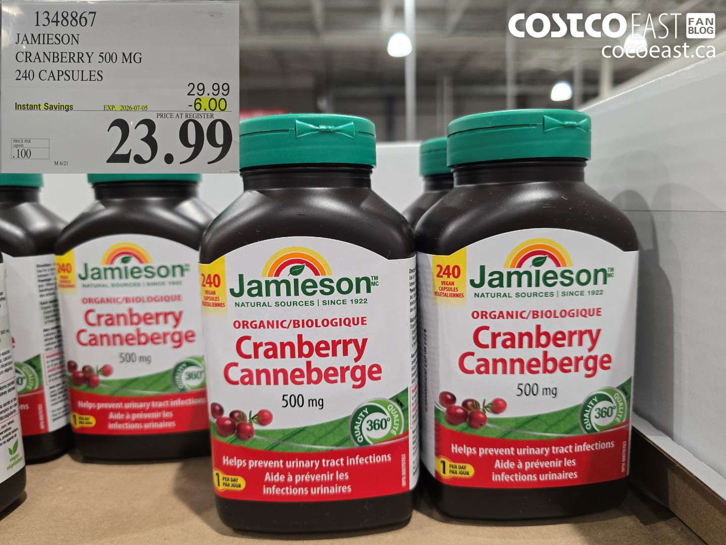 1348867 JAMIESON CRANBERRY 500 MG 240 CAPSULES ($6.00 INSTANT SAVINGS EXPIRES ON 2026-07-05) $23.99