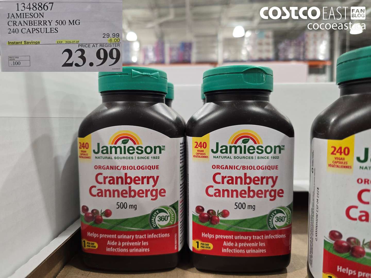 1348867 JAMIESON CRANBERRY 500 MG 240 CAPSULES ($6.00 INSTANT SAVINGS EXPIRES ON 2026-07-05) $23.99