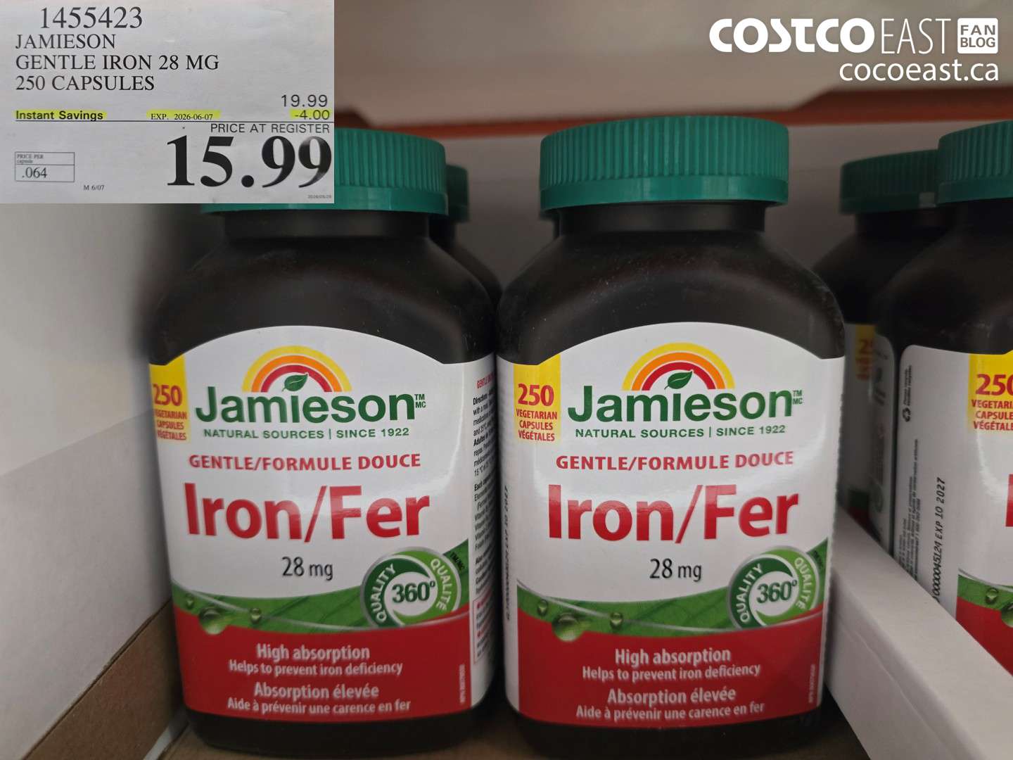 1455423 JAMIESON GENTLE IRON 28 MG 250 CAPSULES ($4.00 INSTANT SAVINGS EXPIRES ON 2026-06-07) $15.99
