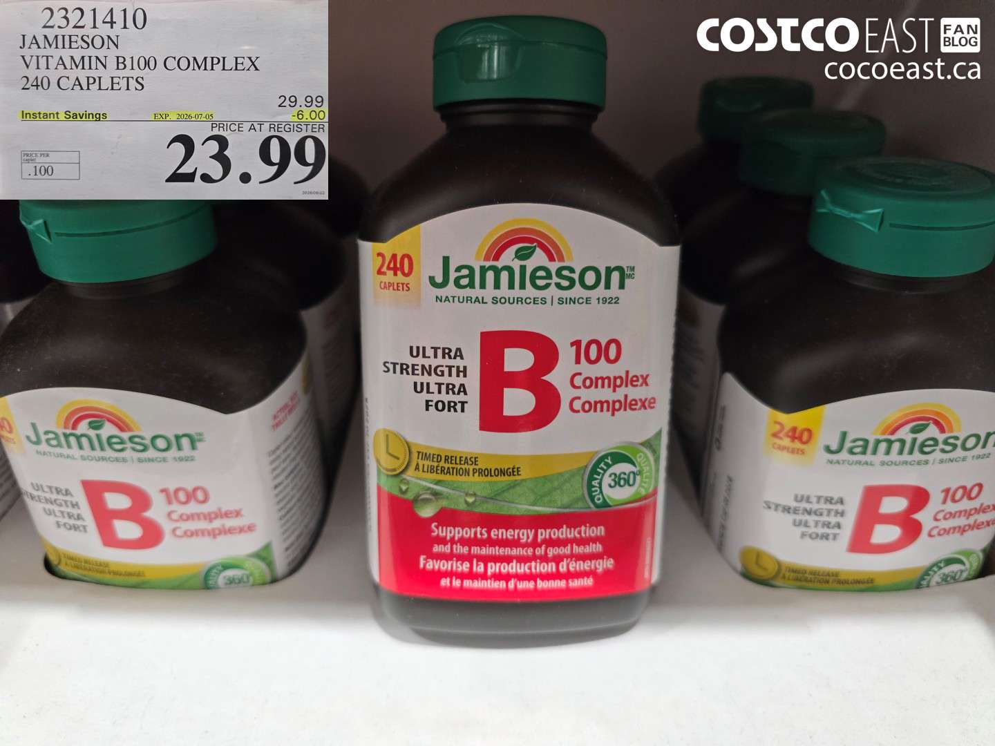 2321410 JAMIESON VITAMIN B100 COMPLEX 240 CAPLETS ($6.00 INSTANT SAVINGS EXPIRES ON 2026-07-05) $23.99