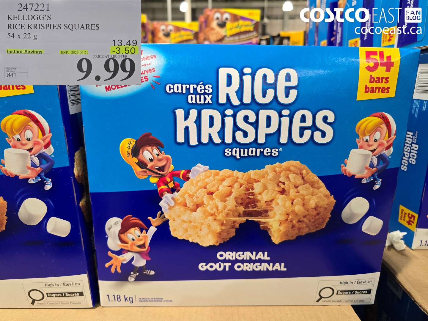 247221 KELLOGG'S RICE KRISPIES SQUARES 54 X 22 G ($3.50 INSTANT SAVINGS EXPIRES ON 2026-06-21) $9.99