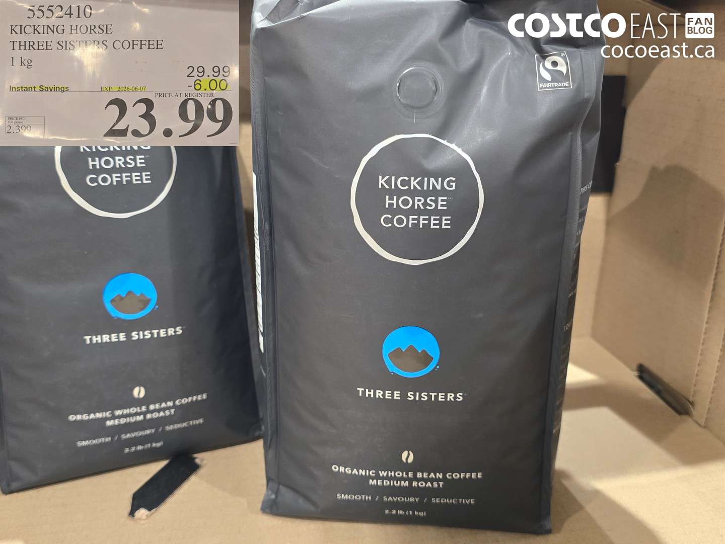 5552410 KICKING HORSE THREE SISTERS COFFEE 1 KG ($6.00 INSTANT SAVINGS EXPIRES ON 2026-06-07) $23.99