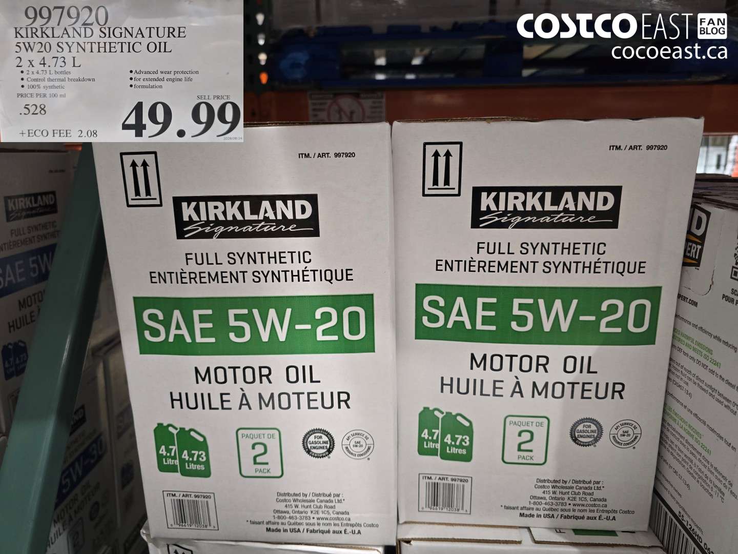 997920 KIRKLAND SIGNATURE 5W20 SYNTHETIC OIL 2 X 4.73 L $49.99