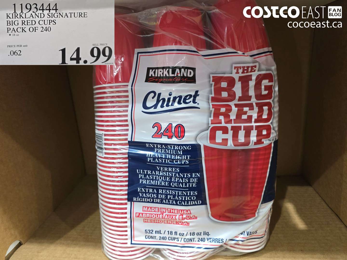 1193444 KIRKLAND SIGNATURE BIG RED CUPS PACK OF 240 $14.99