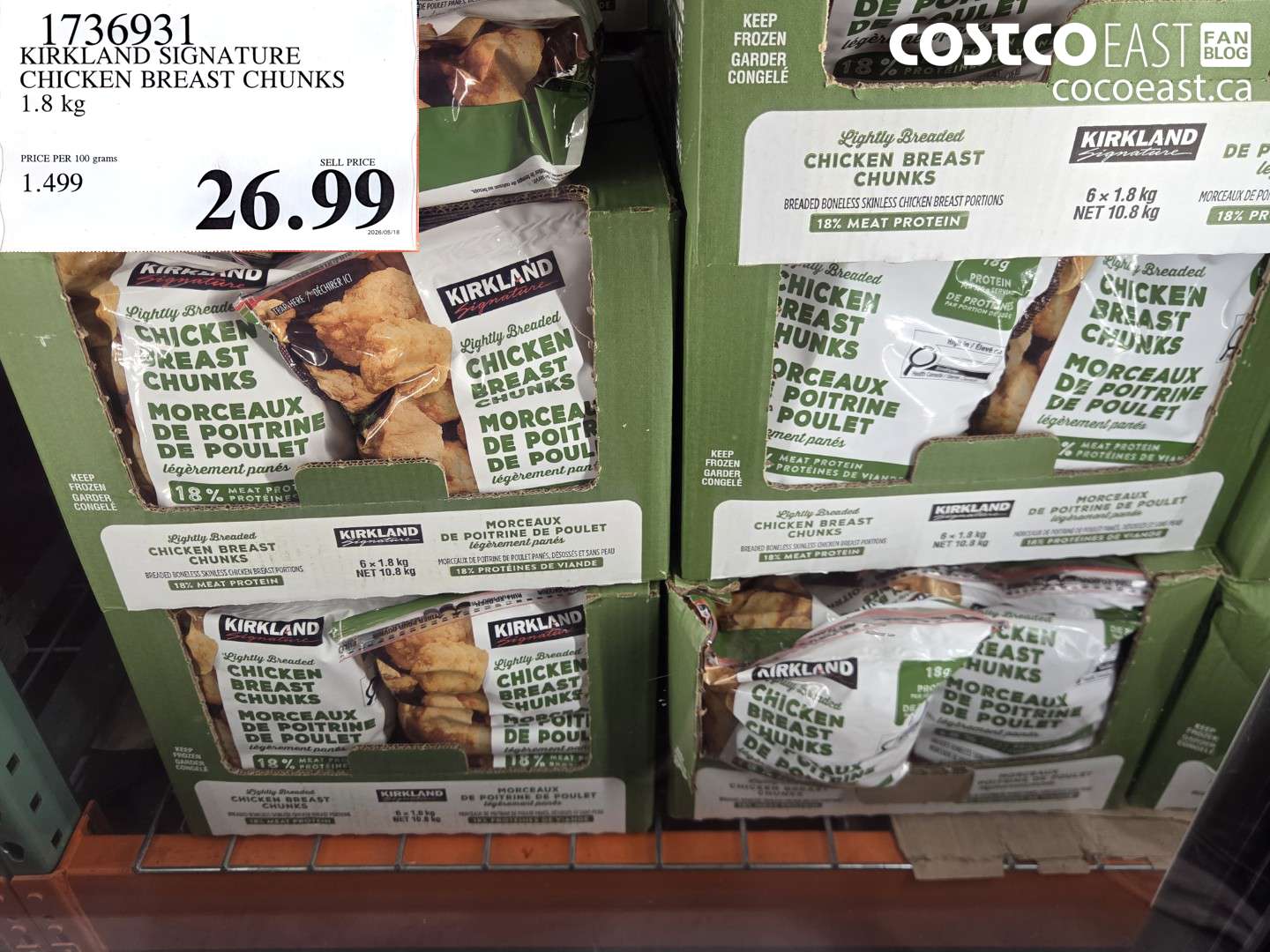1736931 KIRKLAND SIGNATURE CHICKEN BREAST CHUNKS 1.8 KG $26.99