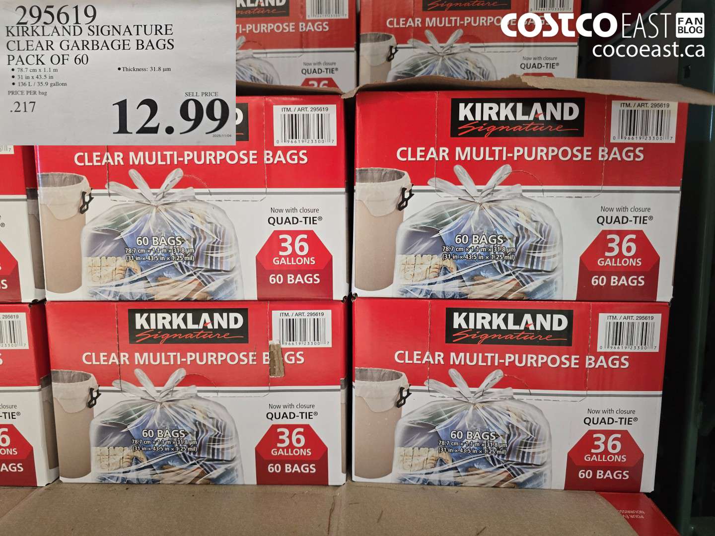 295619 KIRKLAND SIGNATURE CLEAR GARBAGE BAGS PACK OF 60 $12.99