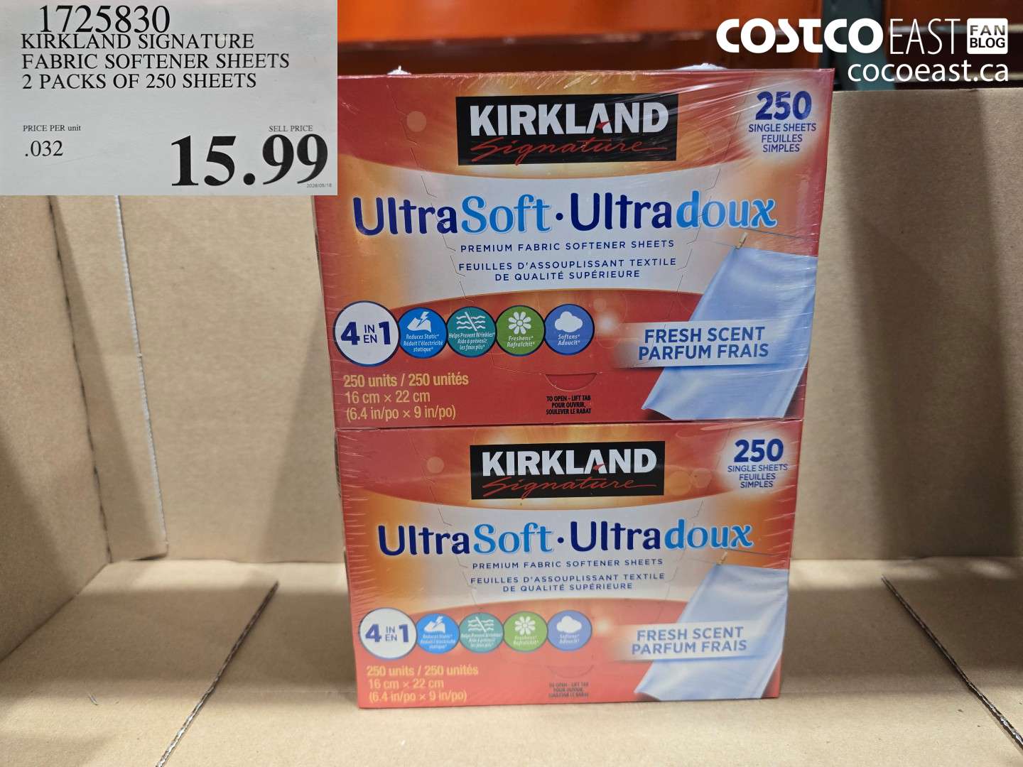 1725830 KIRKLAND SIGNATURE FABRIC SOFTENER SHEETS 2 PACKS OF 250 SHEETS $15.99
