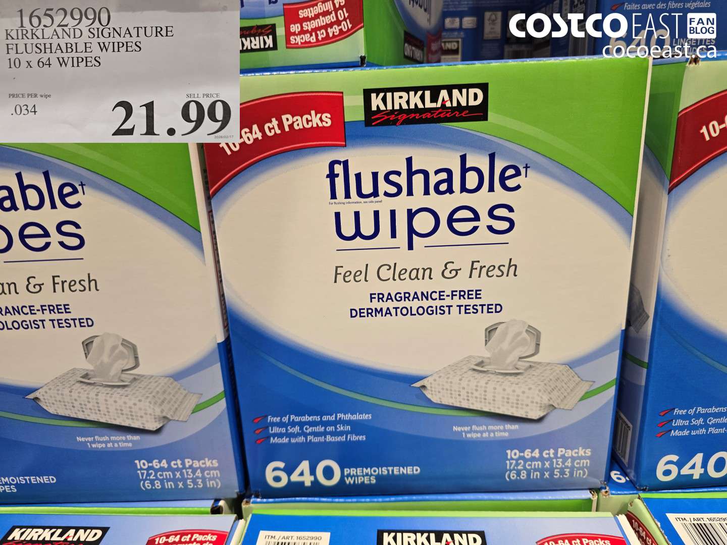 1652990 KIRKLAND SIGNATURE FLUSHABLE WIPES 10 X 64 WIPES $21.99