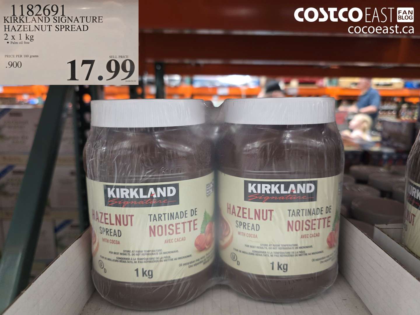 1182691 KIRKLAND SIGNATURE HAZELNUT SPREAD 2 X 1 KG $17.99