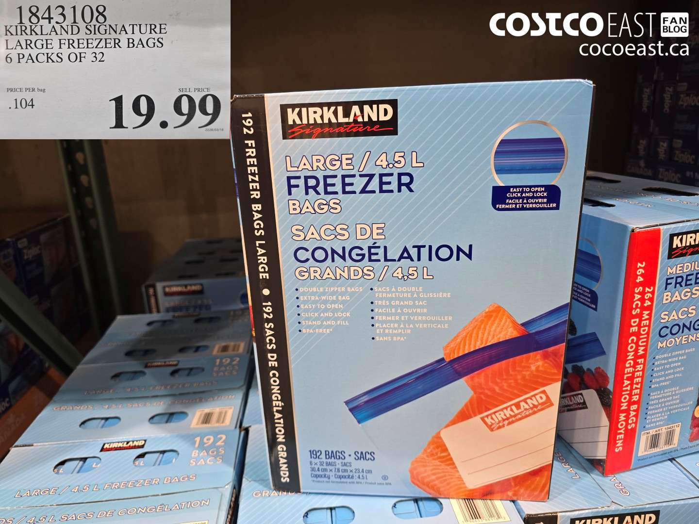 1843108 KIRKLAND SIGNATURE LARGE FREEZER BAGS 6 PACKS OF 32 $19.99