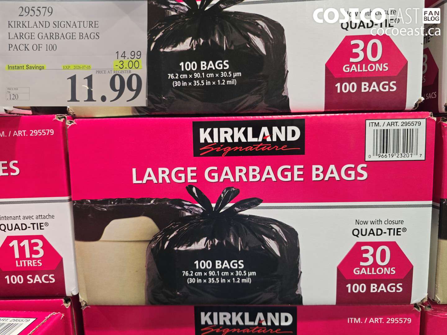 295579 KIRKLAND SIGNATURE LARGE GARBAGE BAGS PACK OF 100 ($3.00 INSTANT SAVINGS EXPIRES ON 2026-07-05) $11.99