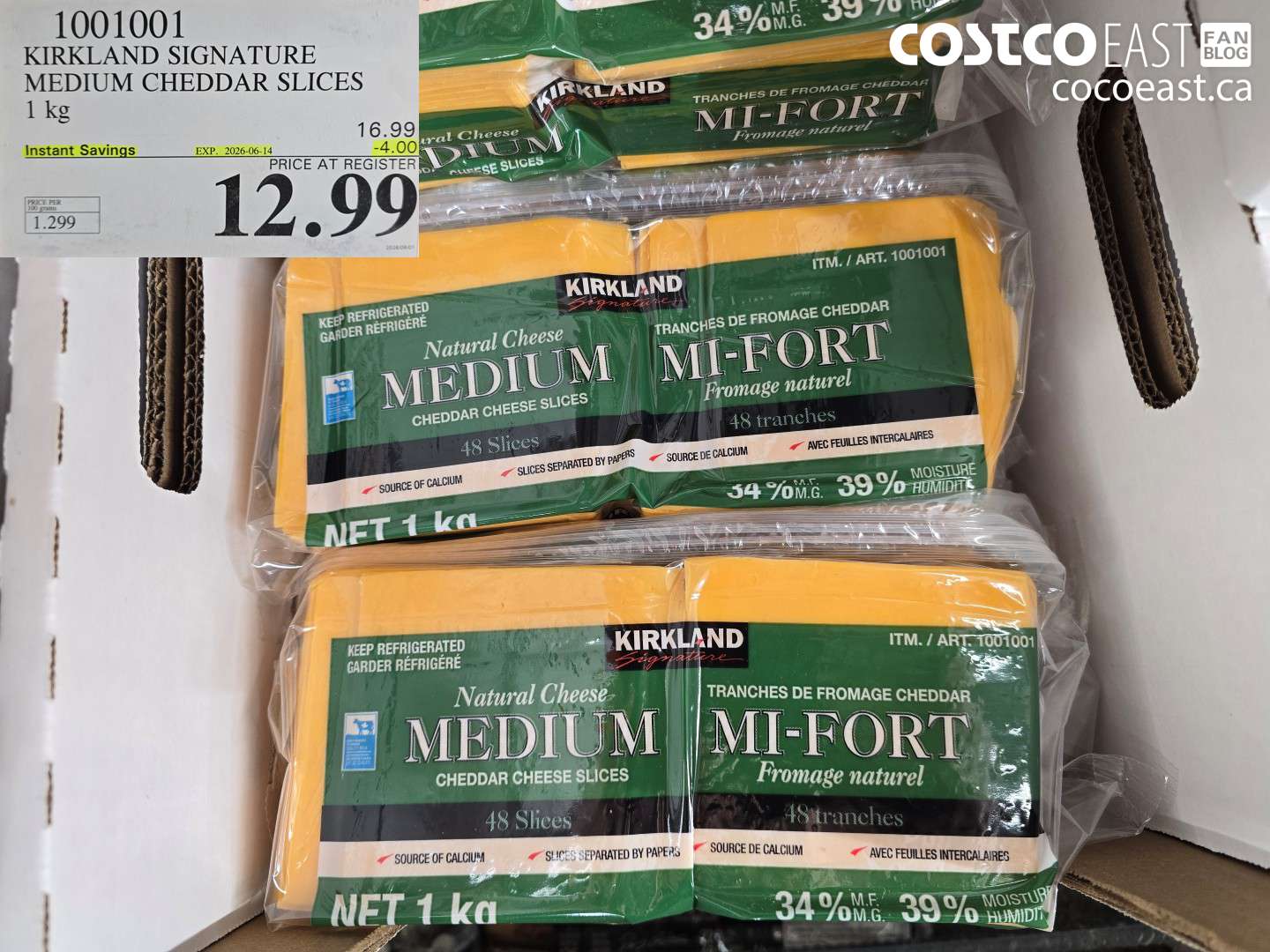 1001001 KIRKLAND SIGNATURE MEDIUM CHEDDAR SLICES 1 KG ($4.00 INSTANT SAVINGS EXPIRES ON 2026-06-14) $12.99
