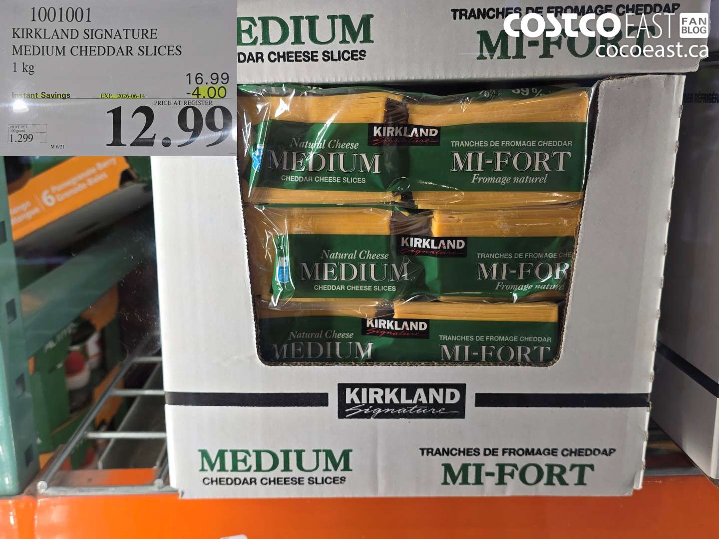 1001001 KIRKLAND SIGNATURE MEDIUM CHEDDAR SLICES 1 KG ($4.00 INSTANT SAVINGS EXPIRES ON 2026-06-14) $12.99