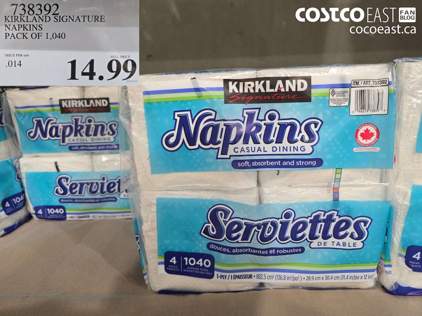 738392 KIRKLAND SIGNATURE NAPKINS PACK OF 1,040 $14.99