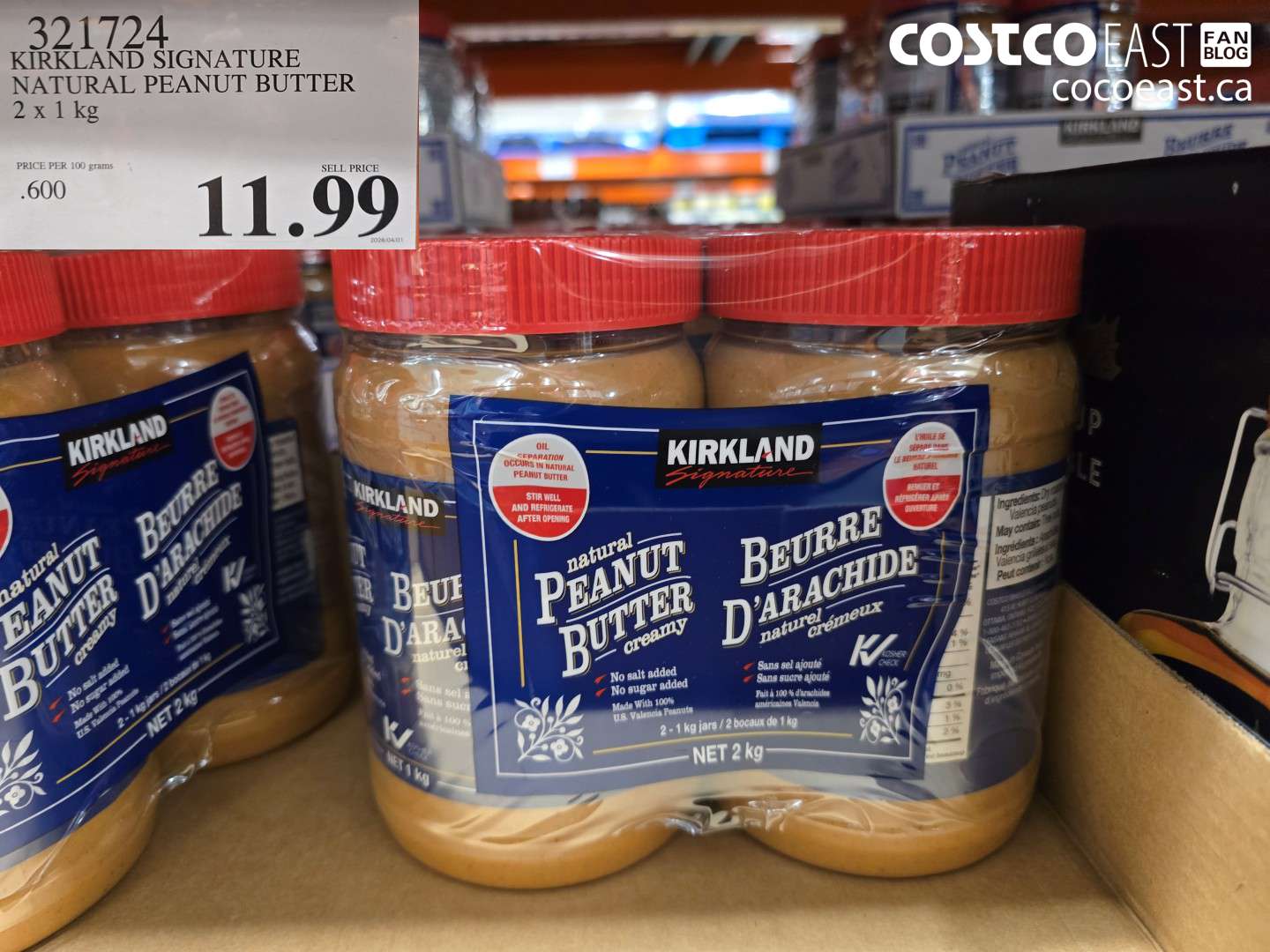 321724 KIRKLAND SIGNATURE NATURAL PEANUT BUTTER 2 X 1 KG $11.99