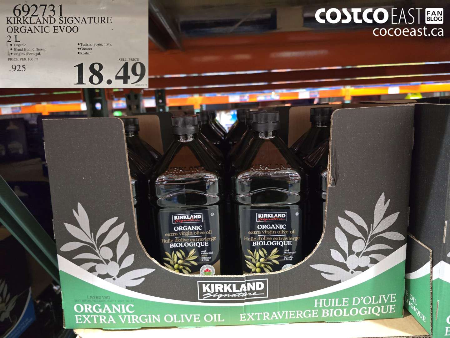 692731 KIRKLAND SIGNATURE ORGANIC EVOO 2 L $18.49