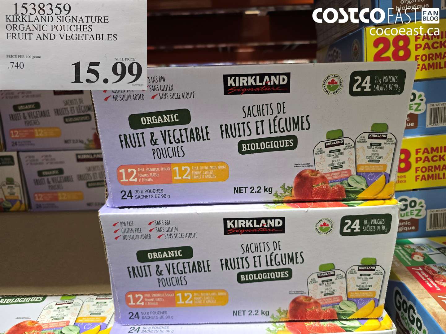 1538359 KIRKLAND SIGNATURE ORGANIC POUCHES FRUIT AND VEGETABLES $15.99