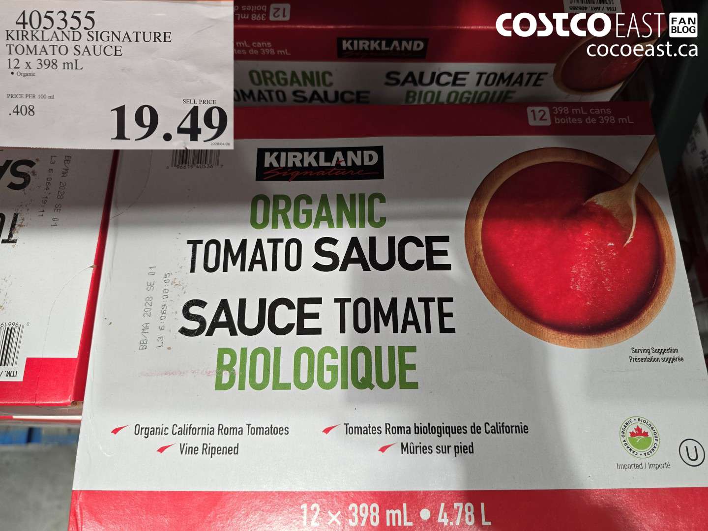 405355 KIRKLAND SIGNATURE TOMATO SAUCE 12 X 398 ML $19.49
