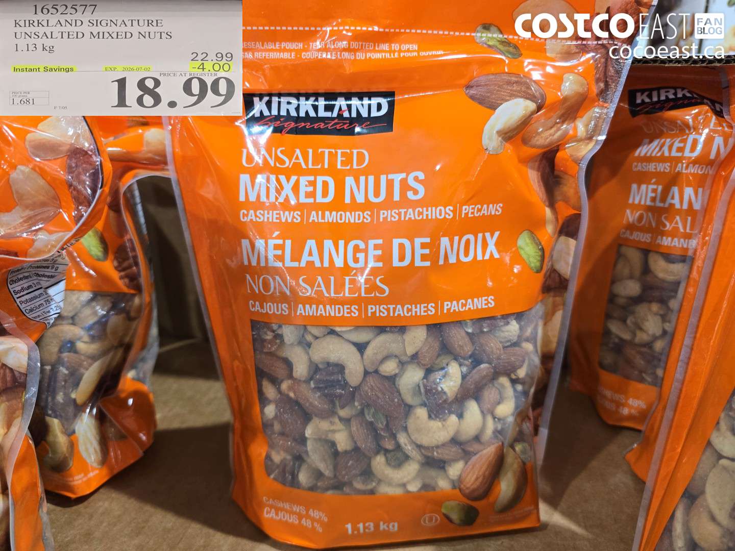 1652577 KIRKLAND SIGNATURE UNSALTED MIXED NUTS 1.13 KG ($4.00 INSTANT SAVINGS EXPIRES ON 2026-07-02) $18.99