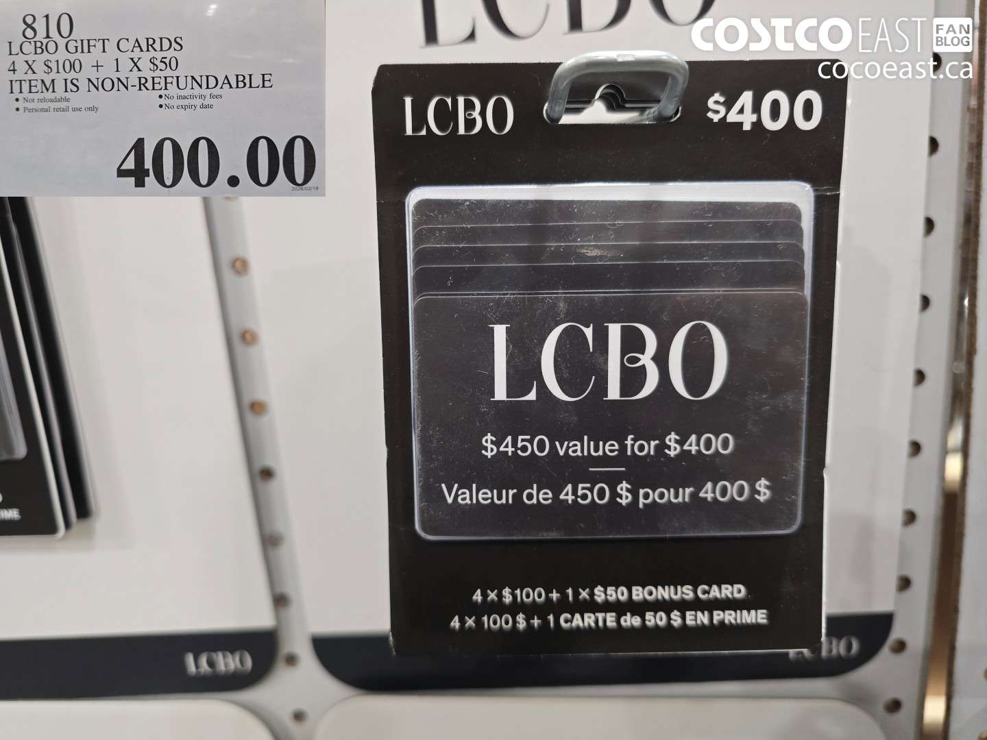 810 LCBO GIFT CARDS 4 X $100 + 1 X $50 ITEM IS NON-REFUNDABLE $400.00