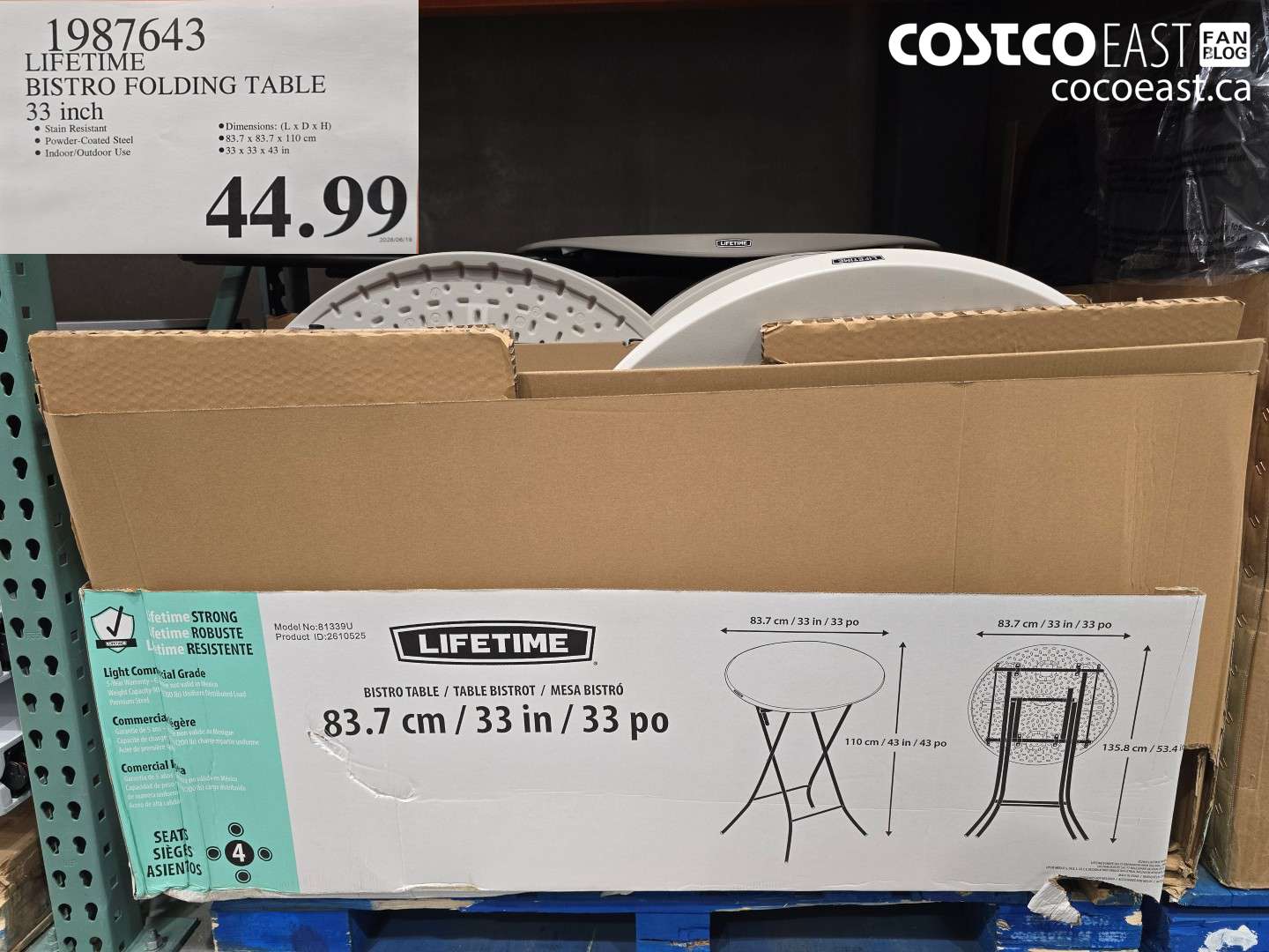 1987643 LIFETIME BISTRO FOLDING TABLE 33 INCH $44.99