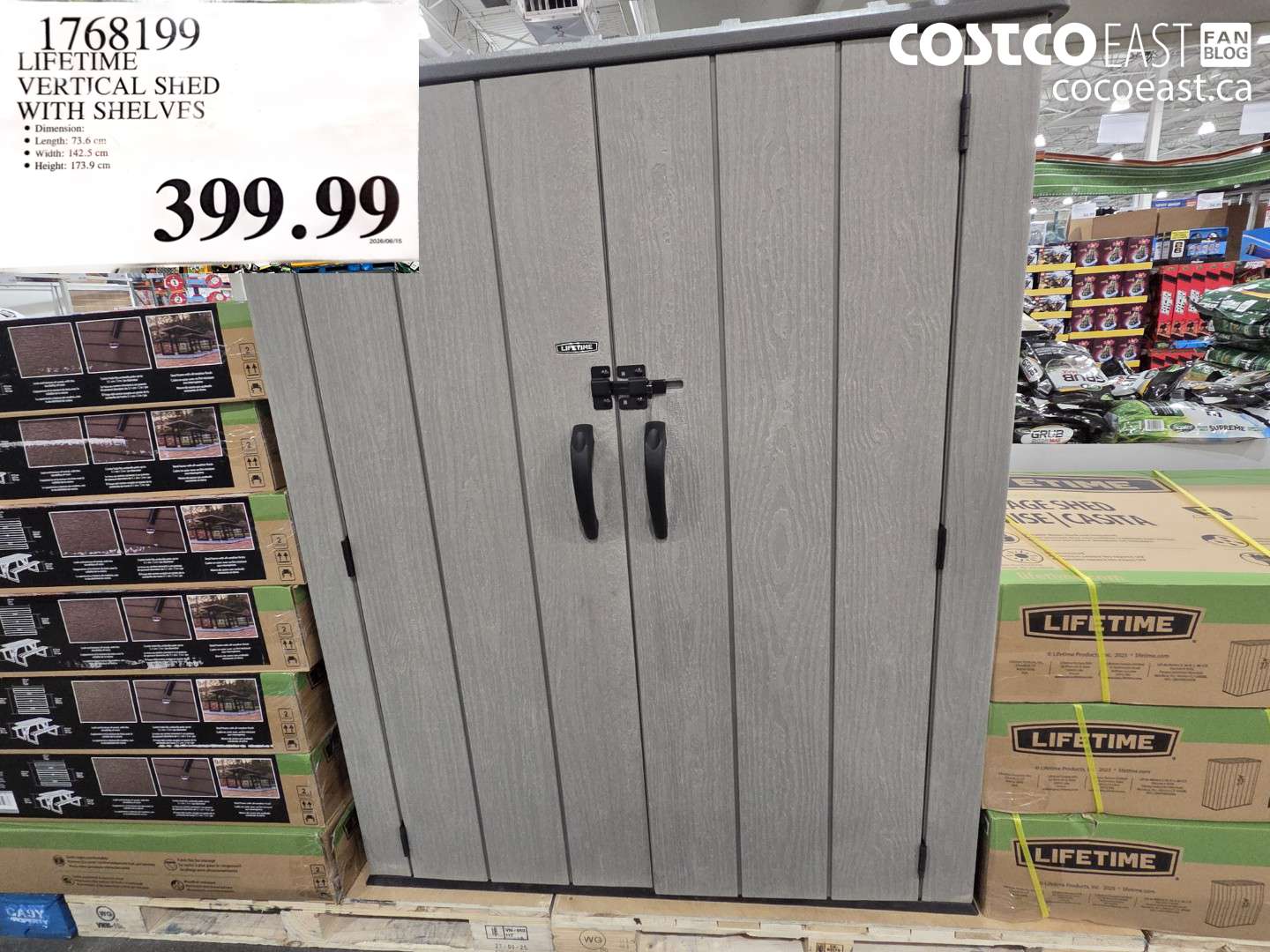 1768199 LIFETIME VERTICAL SHED WITH SHELVES $399.99