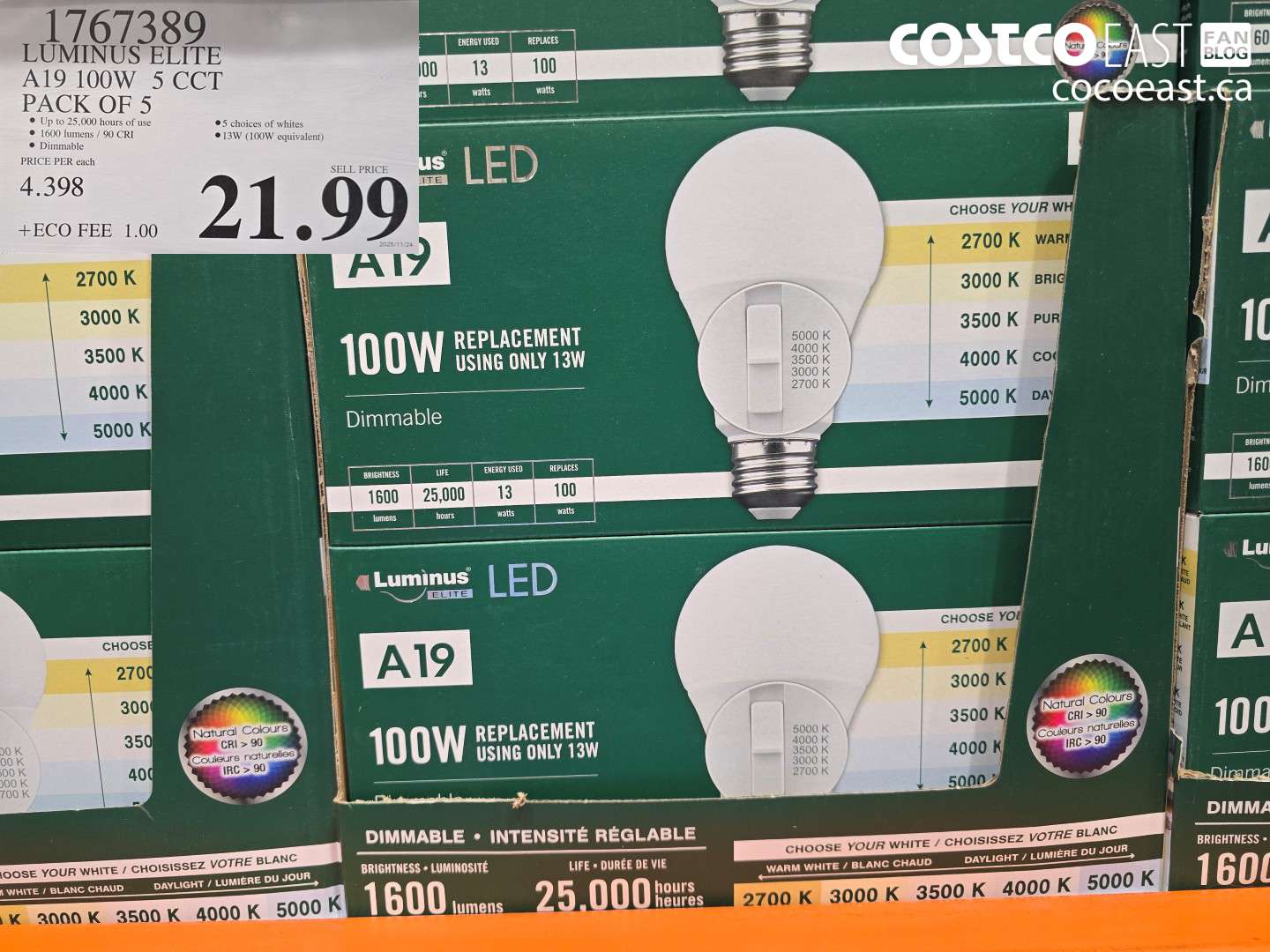 1767389 LUMINUS ELITE A19 100W 5 CCT PACK OF 5 $21.99