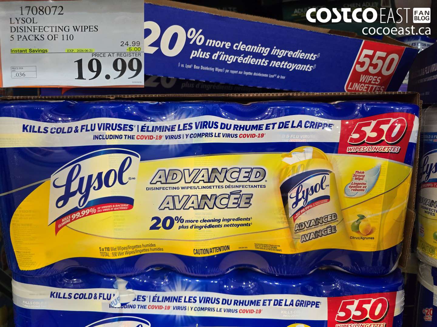 1708072 LYSOL DISINFECTING WIPES 5 PACKS OF 110 ($5.00 INSTANT SAVINGS EXPIRES ON 2026-06-21) $19.99