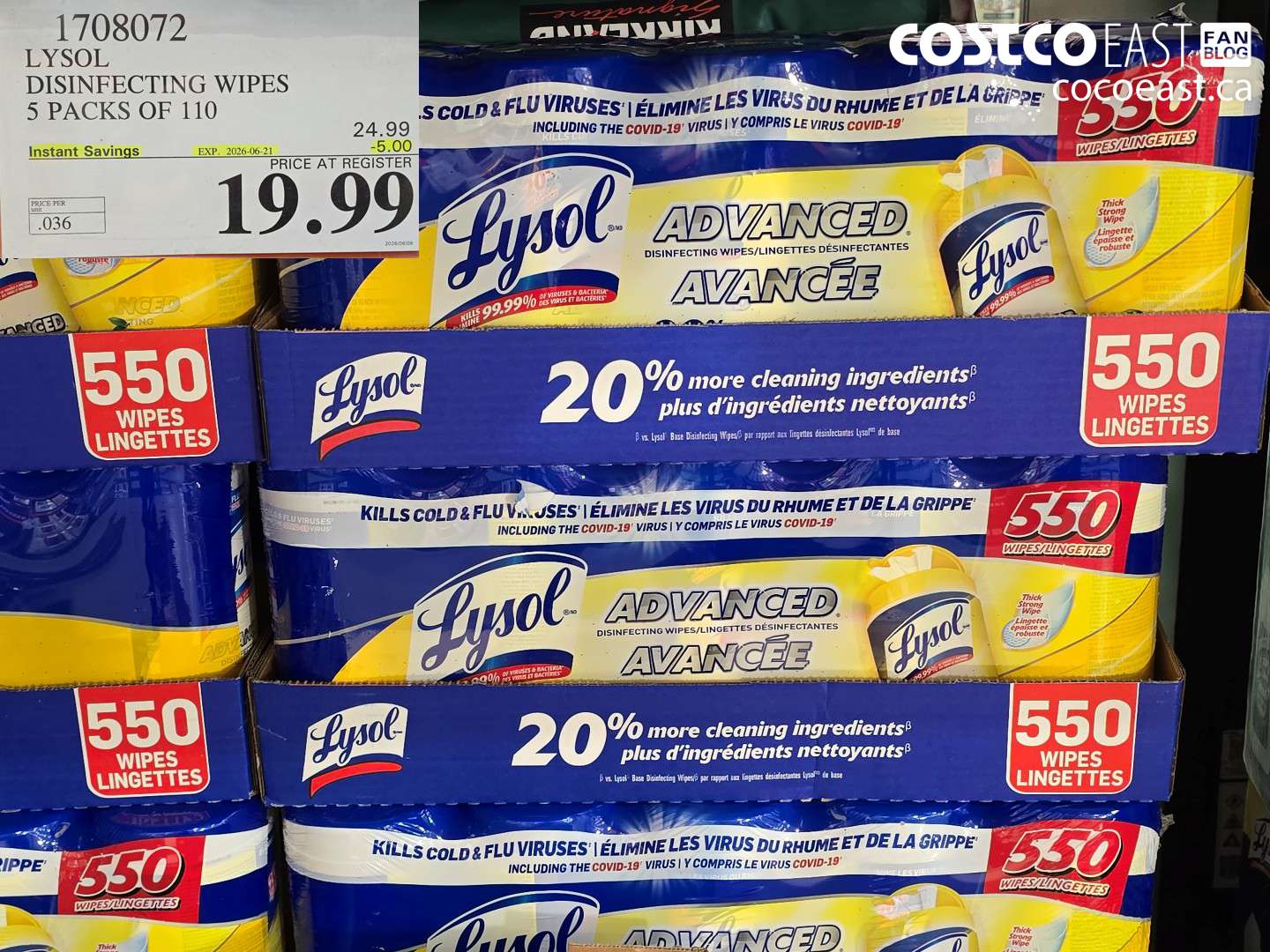 1708072 LYSOL DISINFECTING WIPES 5 PACKS OF 110 ($5.00 INSTANT SAVINGS EXPIRES ON 2026-06-21) $19.99