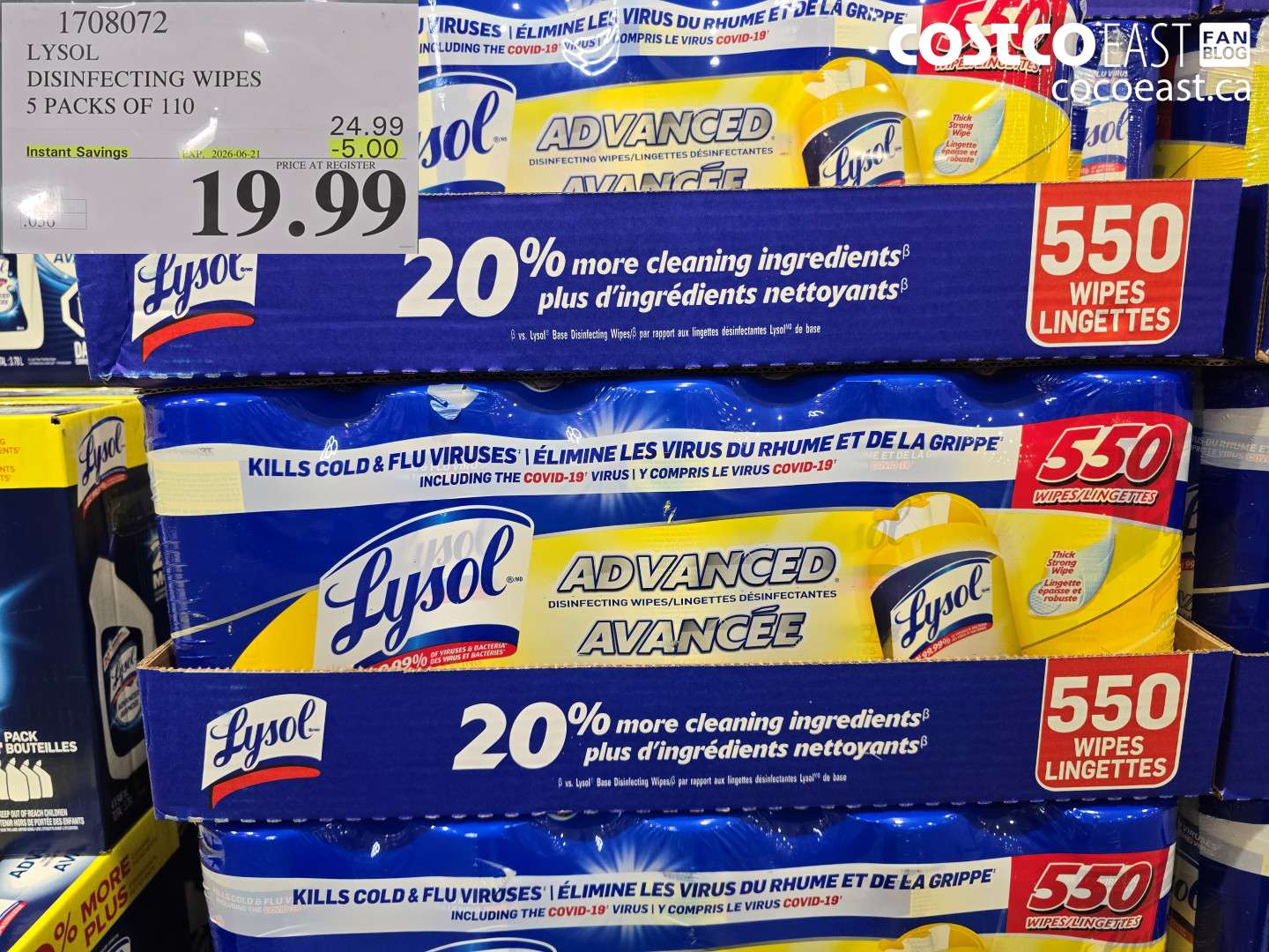 1708072 LYSOL DISINFECTING WIPES 5 PACKS OF 110 ($5.00 INSTANT SAVINGS EXPIRES ON 2026-06-21) $19.99