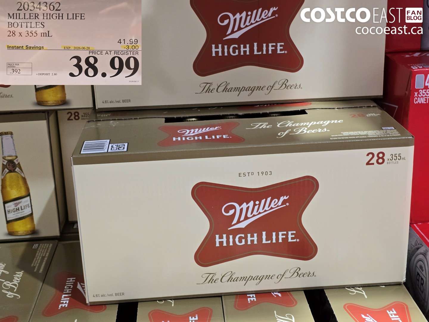 2034362 MILLER HIGH LIFE BOTTLES 28 X 355 ML ($3.00 INSTANT SAVINGS EXPIRES ON 2026-06-28) $38.99