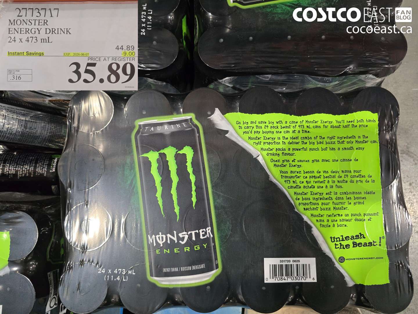 2773717 MONSTER ENERGY DRINK 24 X 473 ML ($9.00 INSTANT SAVINGS EXPIRES ON 2026-06-07) $35.89