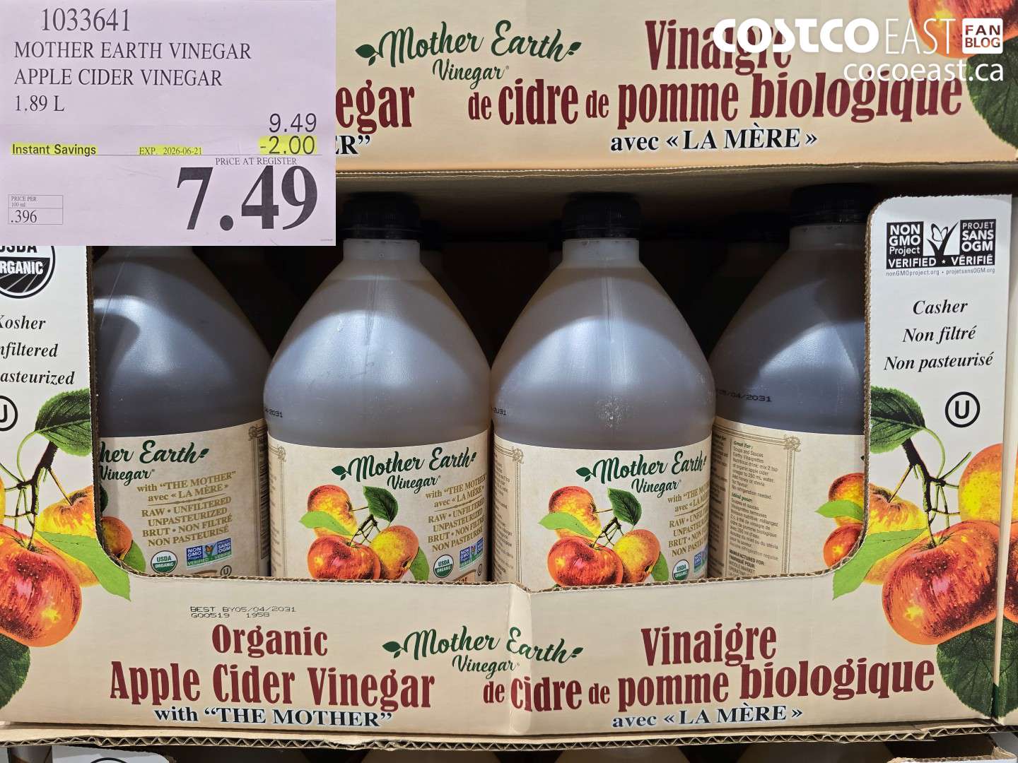1033641 MOTHER EARTH VINEGAR APPLE CIDER VINEGAR 1.89 L ($2.00 INSTANT SAVINGS EXPIRES ON 2026-06-21) $7.49