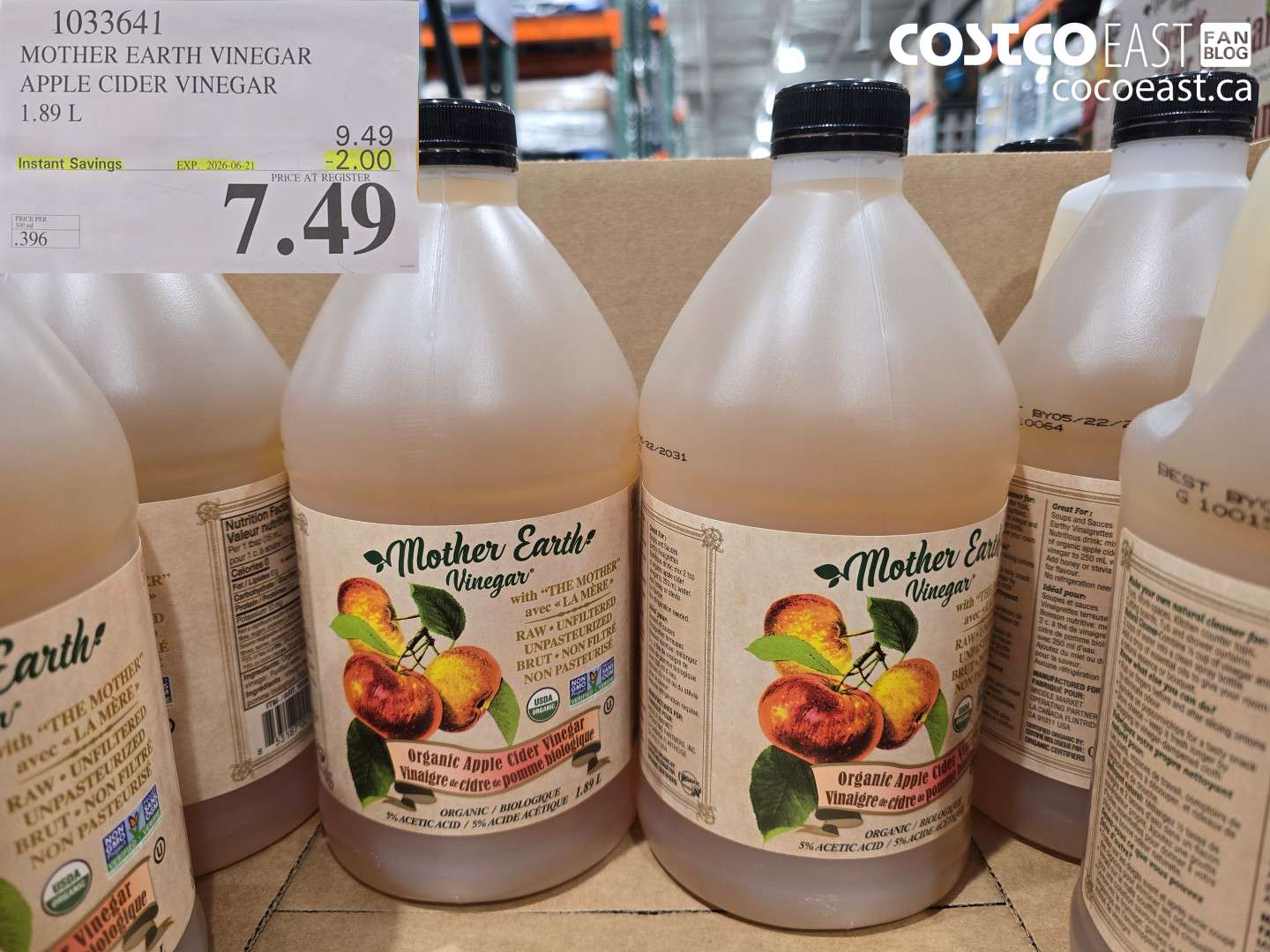1033641 MOTHER EARTH VINEGAR APPLE CIDER VINEGAR 1.89 L ($2.00 INSTANT SAVINGS EXPIRES ON 2026-06-21) $7.49