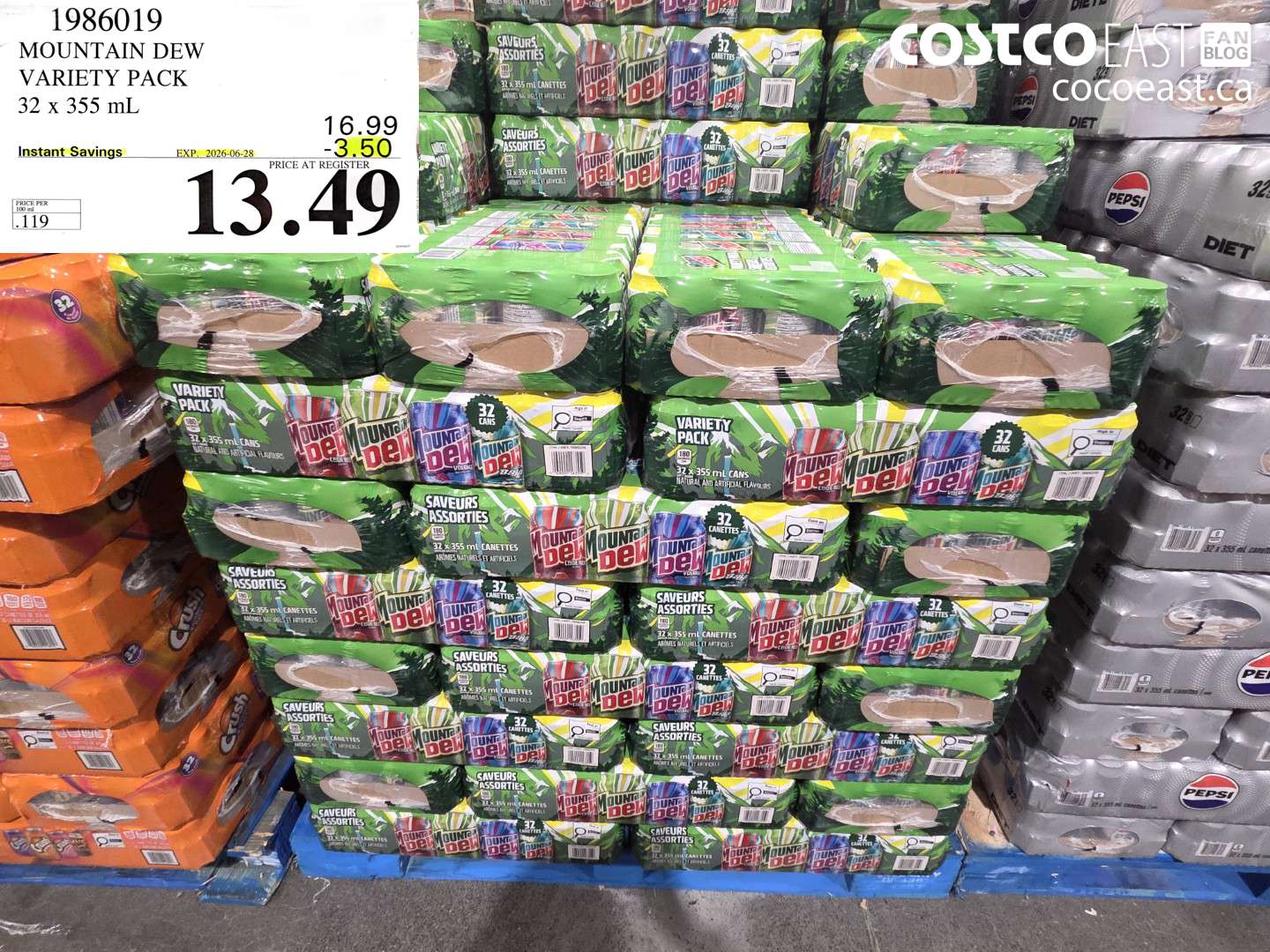 1986019 MOUNTAIN DEW VARIETY PACK 32 X 355 ML ($3.50 INSTANT SAVINGS EXPIRES ON 2026-06-28) $13.49