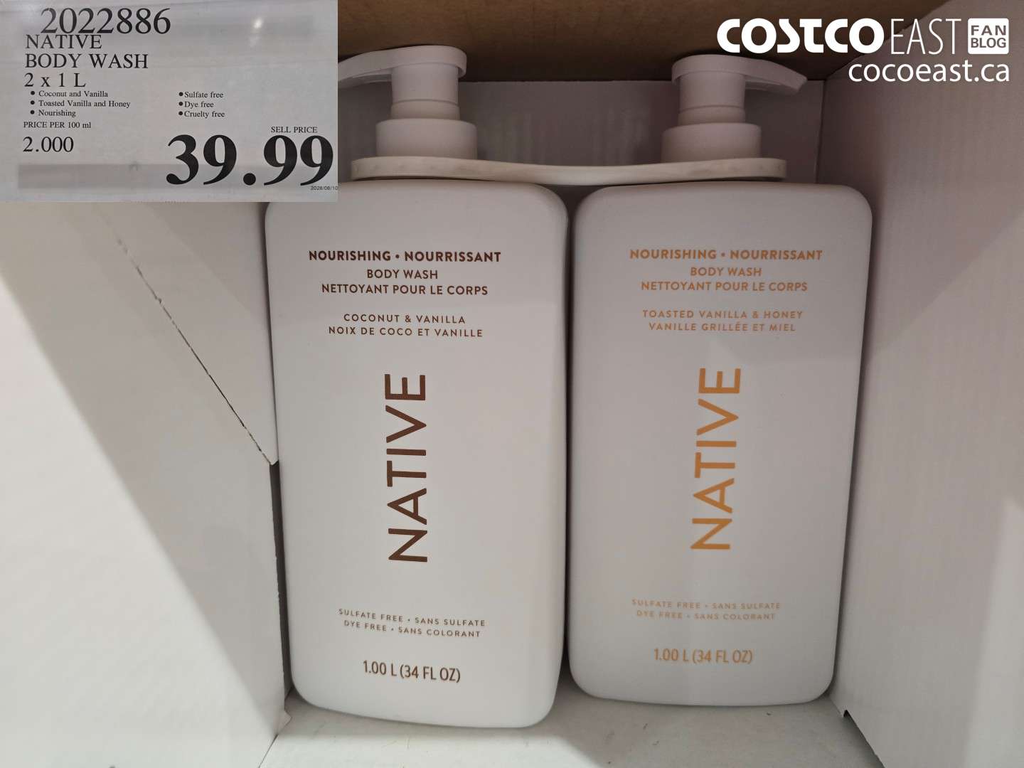 2022886 NATIVE BODY WASH 2 X 1 L $39.99